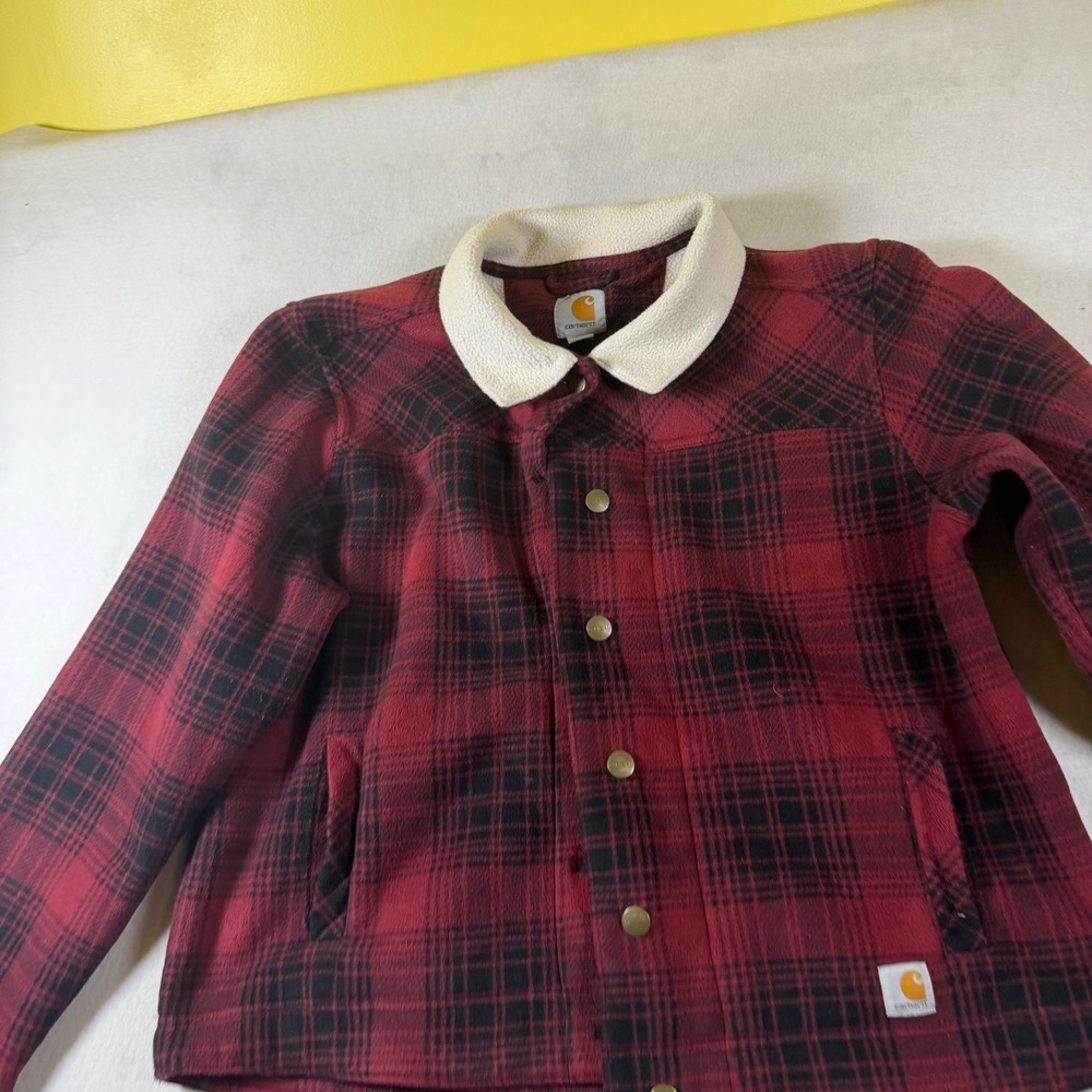 Carhartt Girls XL 16/18 Red Black Plaid‎ Sherpa Collar Fleece Snap Jacket